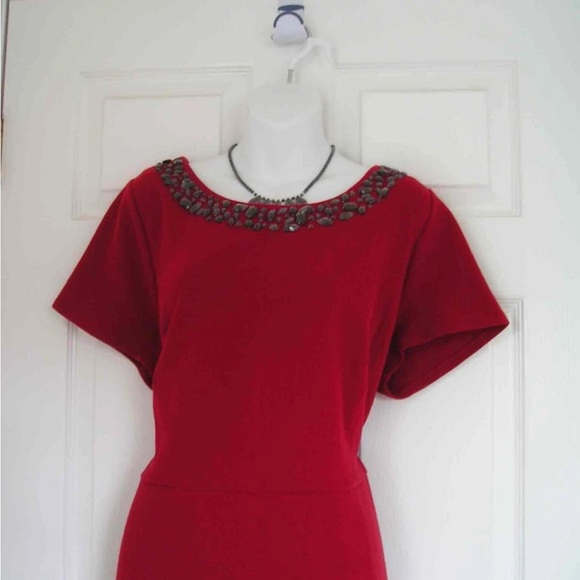 Talbot Beaded Ottoman Ponte Sheath Elegant Dress with Embellished Neckline - Picture 3 of 5